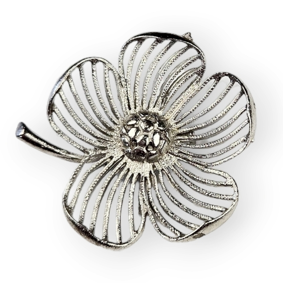 VINTAGE Flower Brooch Mod Hippie Silver Tone Open Work Retro Floral 1.75" Long - Picture 1 of 6